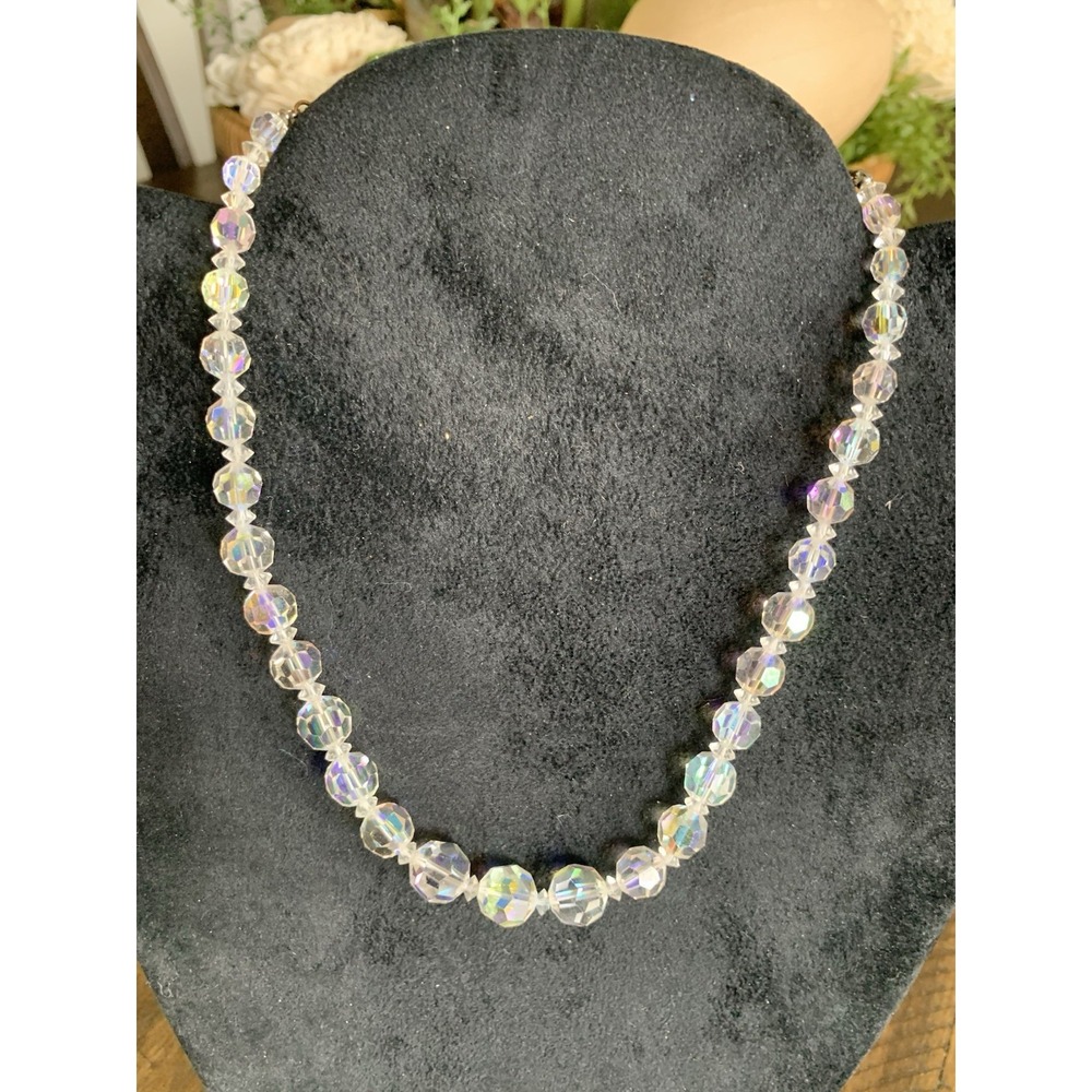 VTG Faceted Glass Crystal Single Strand Necklace Clear Aurora Borealis Wedding